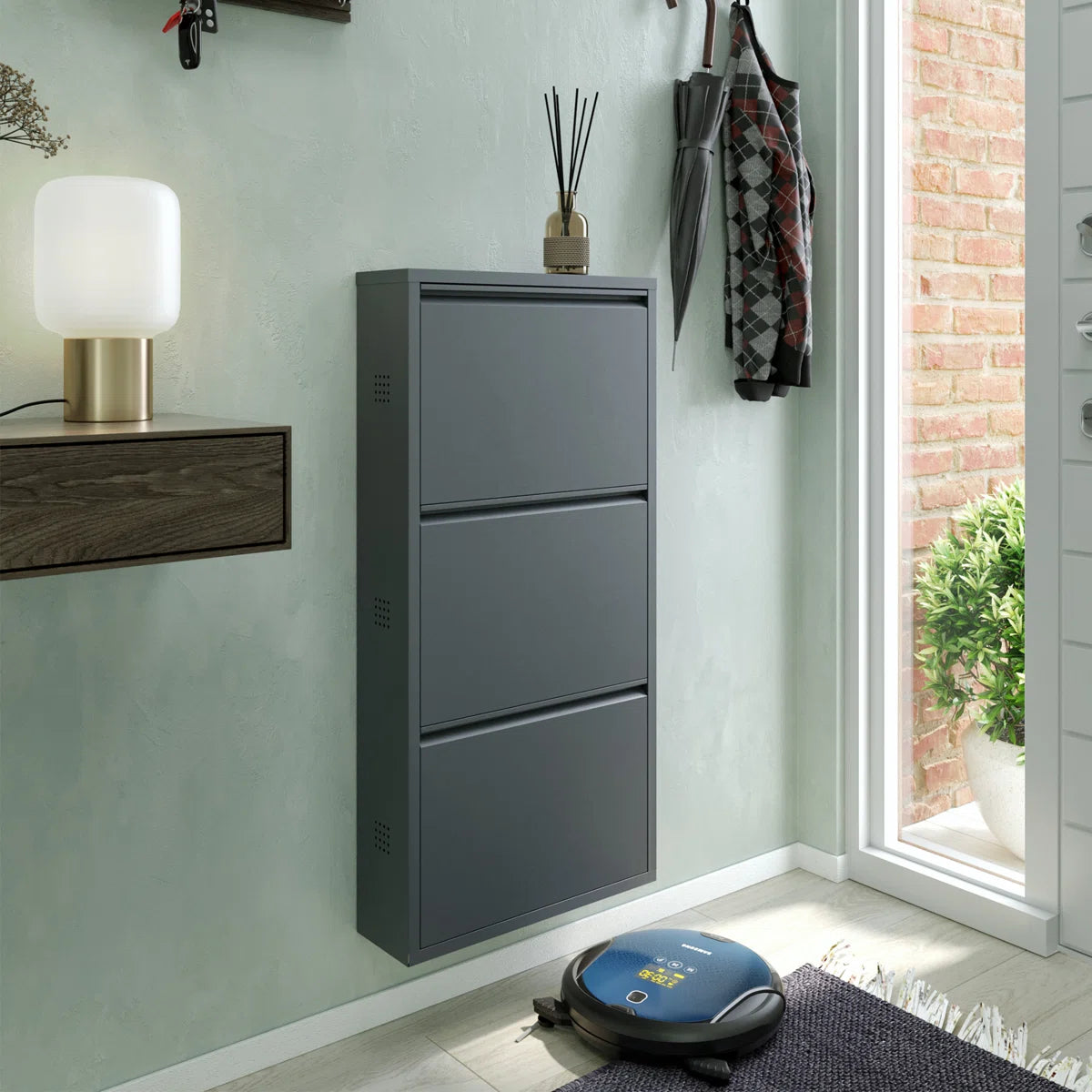 Antibacterial 3 Tier Metal Shoe Cabinet Side Holes