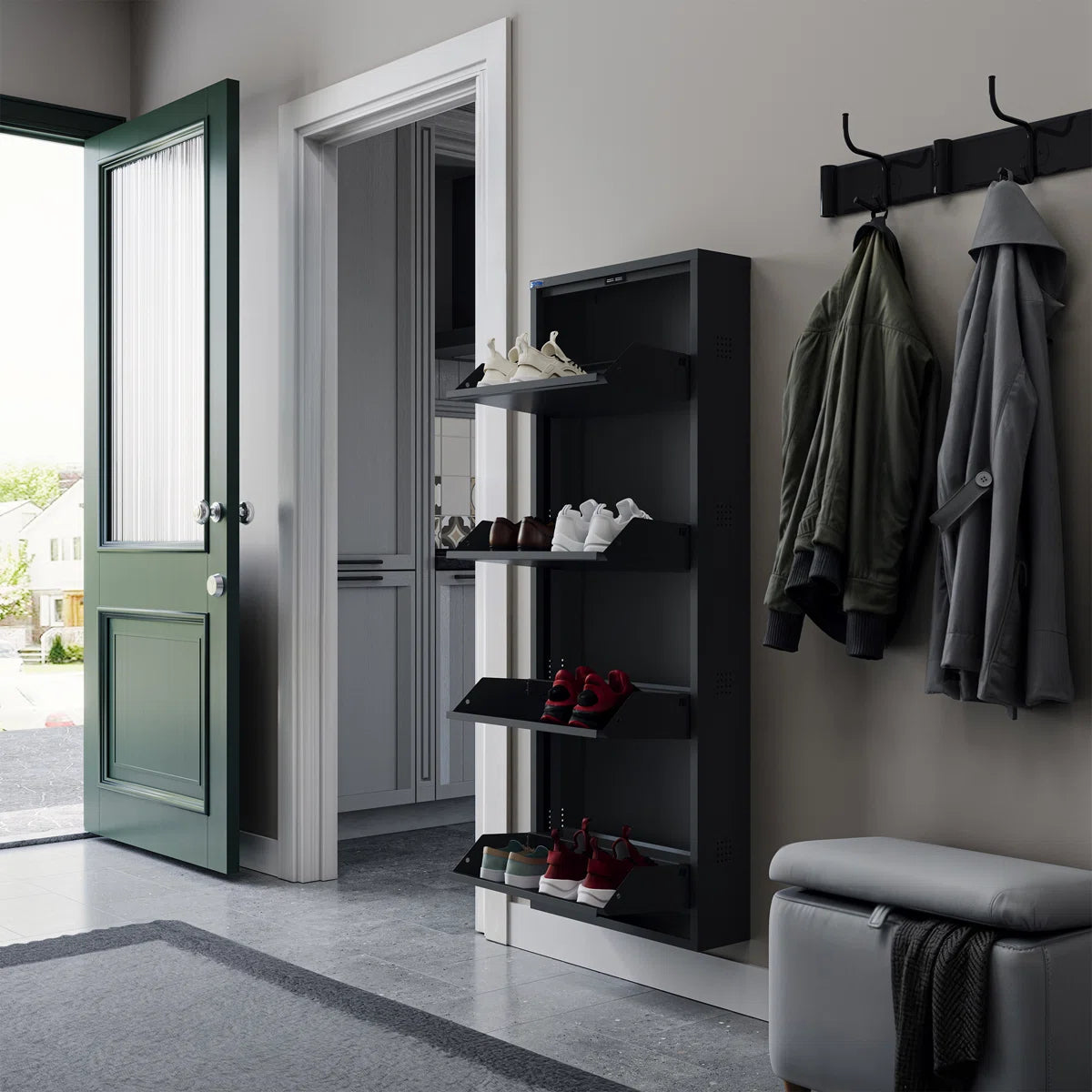 Antibacterial 4 Tier Metal Shoe Cabinet Side Holes
