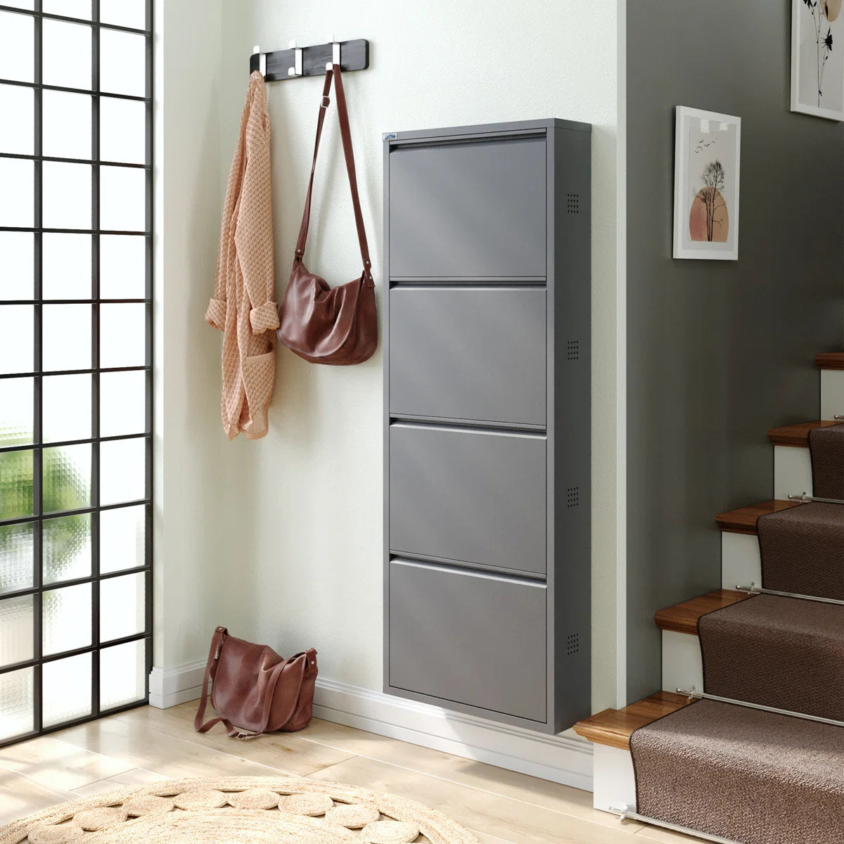 Antibacterial 4 Tier Metal Shoe Cabinet Side Holes