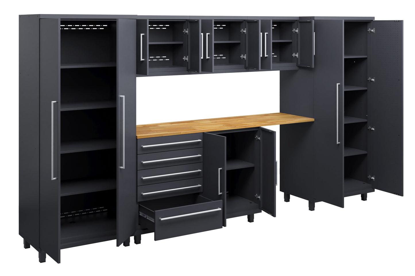 Prestige Series 8pc Cabinets Set with Base, Tool, Wall Cabinets and 36" Lockers