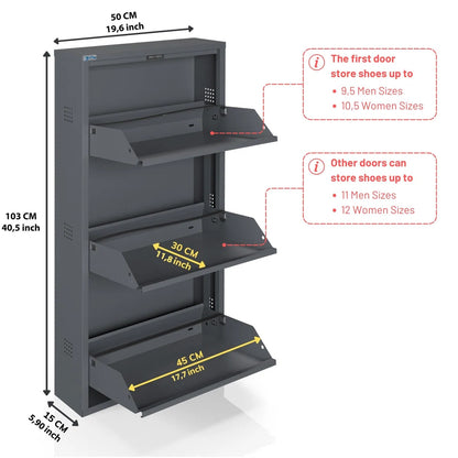 Antibacterial 3 Tier Metal Shoe Cabinet Side Holes