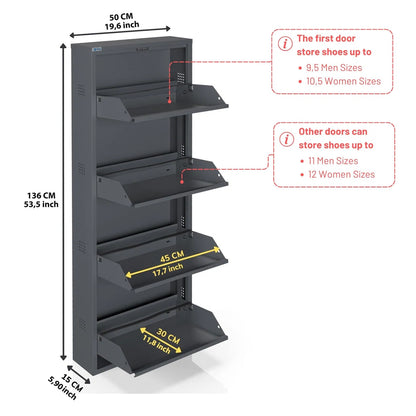 Antibacterial 4 Tier Metal Shoe Cabinet Side Holes