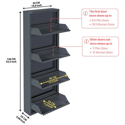 Antibacterial 4 Tier Metal Shoe Cabinet Without Holes
