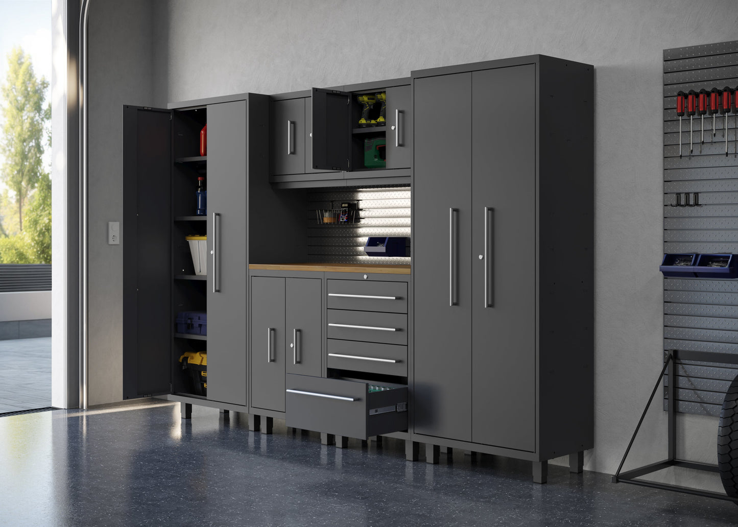 Core Plus Series 7pc Cabinet Set with Base, Tool, Wall Cabinets and 30" Lockers