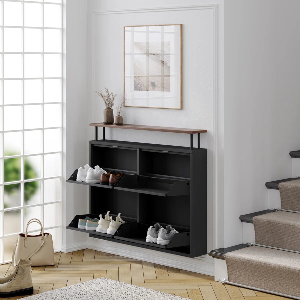 Antibacterial 4 Tier metal shoe cabinet with shelf